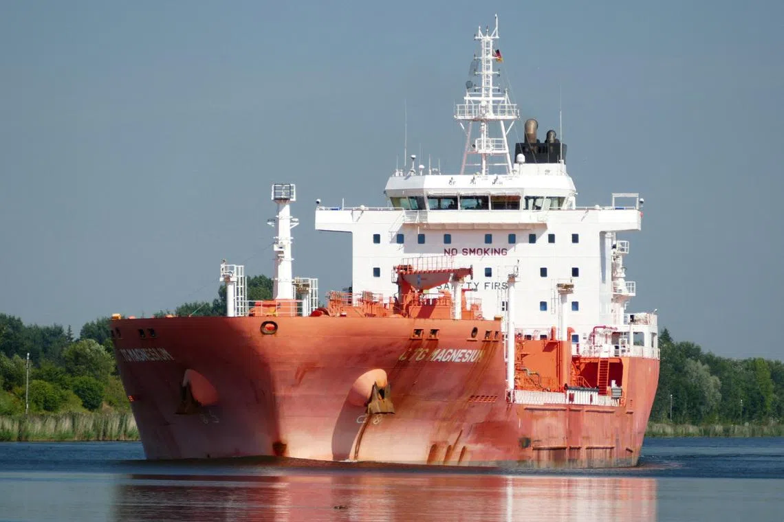 A picture taken August 17, 2020 shows the chemical tanker Stolt Magnesium, which caught fire on Tuesday following the \"explosion of an unidentified external device\" as it was sailing in the Arabian Sea off the coast of Oman, according to its manager Stolt Tankers, the main unit of Norwegian shipping company Stolt-Nielsen's SNI.OL, in Rendsburg-Eckernforde, Germany, in this picture obtained by Reuters on July 14, 2026. Hans-Peter Schroder/via REUTERS