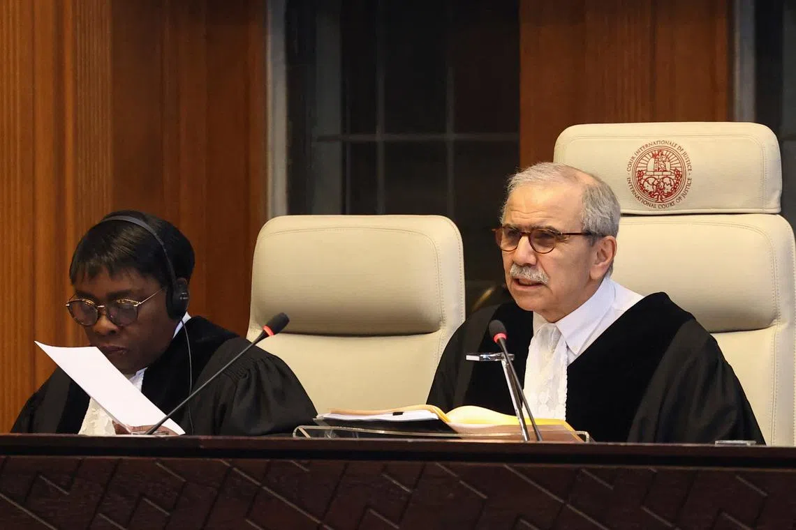 FILE PHOTO: Judge Nawaf Salam, president of the International Court of Justice (ICJ) speaks at the ICJ, in The Hague, Netherlands May 17, 2024. REUTERS/Yves Herman/File Photo