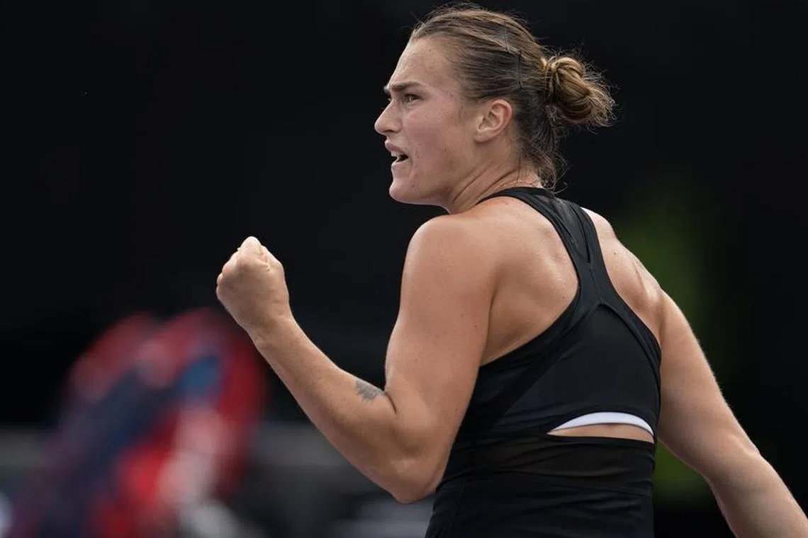 Nov 3, 2023; Cancun, Mexico;  Aryna Sabalenka reacts to a point during her match against Elena Rybakina (KAZ) on day six of the GNP Saguaros WTA Finals Cancun. Mandatory Credit: Susan Mullane-USA TODAY Sports