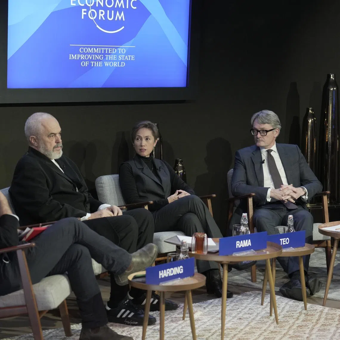 (From left) Editor of Tortoise Media James Harding, Prime Minister of Albania Edi Rama, Minister for Communications and Information Josephine Teo, president and CEO of Aker ASA Øyvind Eriksen and Dragos CEO Robert M. Lee speaking in the Securing Critical Infrastructure session at the World Economic Forum. 









