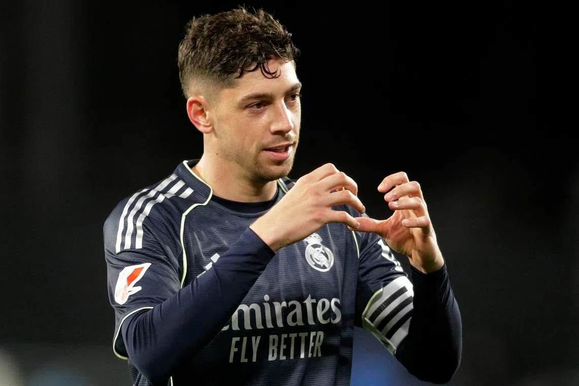 Soccer Football - LaLiga - Celta Vigo v Real Madrid - Estadio de Balaidos, Vigo, Spain - March 6, 2026 Real Madrid's Federico Valverde celebrates scoring their second goal REUTERS/Miguel Vidal