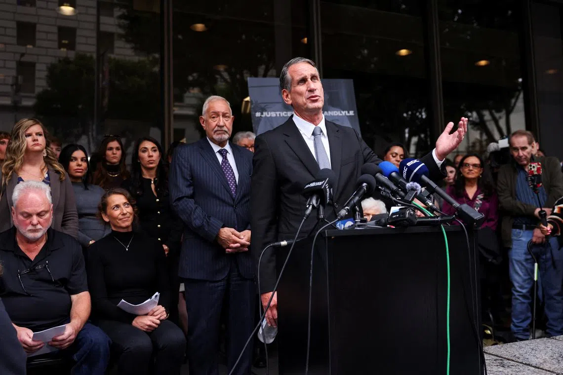 Lawyer Bryan Freedman speaks as family members of Erik and Lyle Menendez, the Beverly Hills brothers convicted of killing their parents, hold a press conference at the Clara Shortridge Foltz Criminal Justice Center in Los Angeles, California, U.S., October 16, 2024.  REUTERS/Mike Blake
