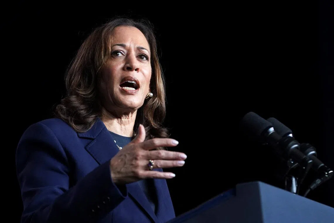 FILE PHOTO: U.S. Vice President Kamala Harris delivers remarks during the Sigma Gamma Rho Sorority Inc.'s 60th International Biennial Boule event in Houston, Texas, U.S., July 31, 2024. REUTERS/Kevin Lamarque/File Photo