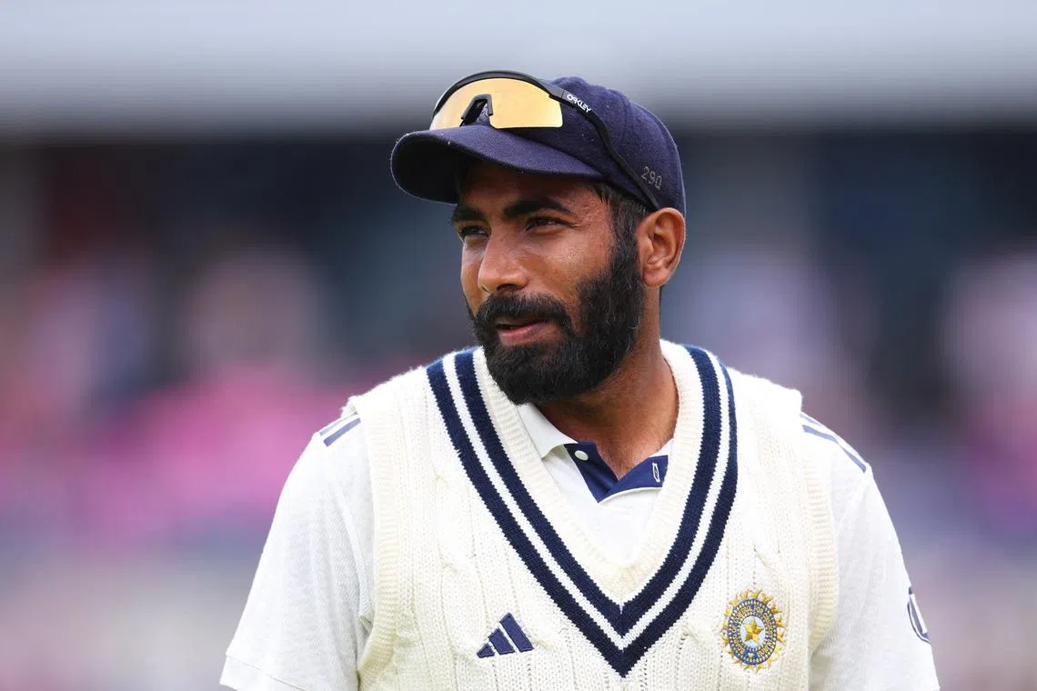 FILE PHOTO: Cricket - International Test Match Series - Fourth Test - England v India - Old Trafford Cricket Ground, Manchester, Britain - July 26, 2025 India's Jasprit Bumrah looks on Action Images via Reuters/Ed Sykes/File Photo