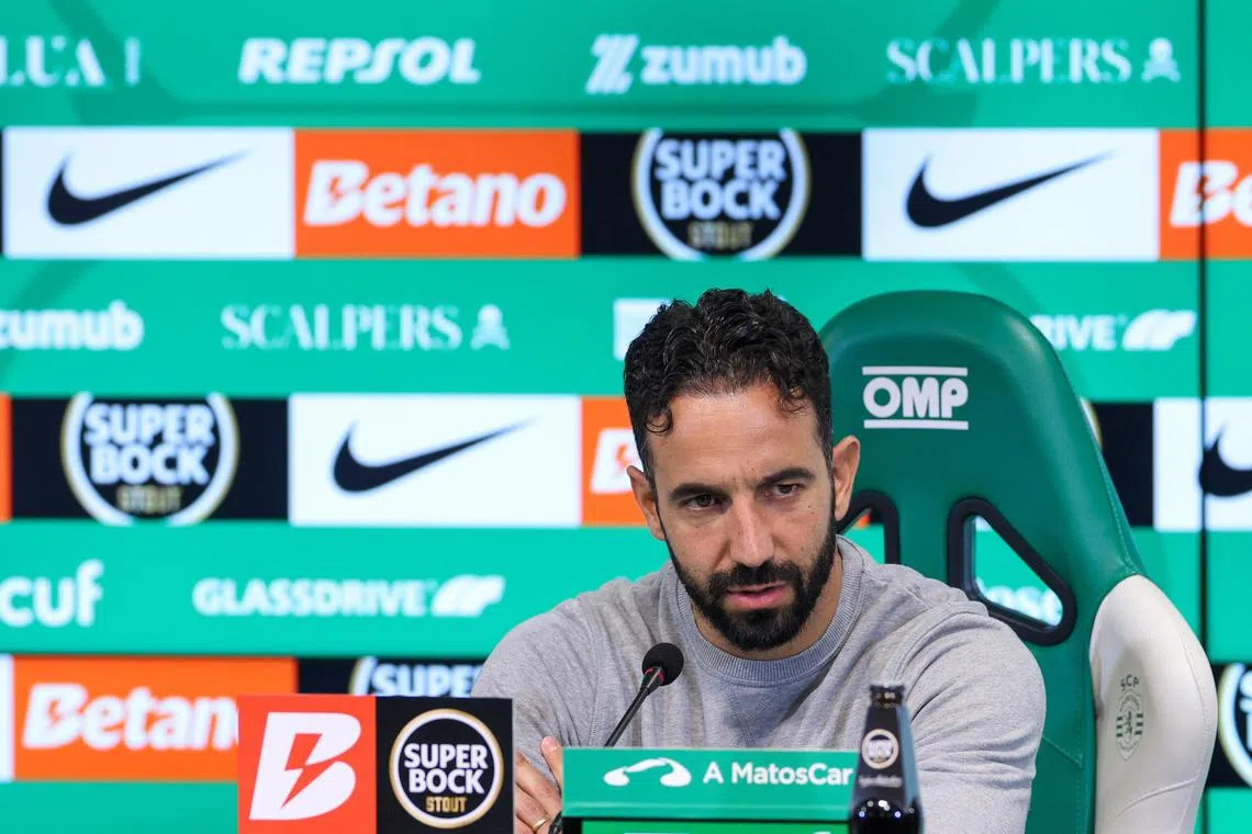 Sporting Lisbon coach Ruben Amorim speaking at a press conference on his transfer to Manchester United.