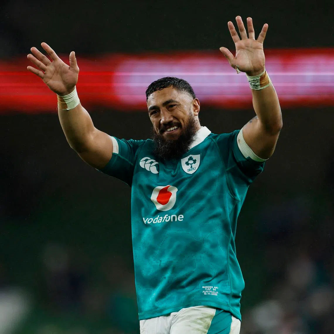 Rugby Union - Autumn Internationals - Ireland v Australia - Aviva Stadium, Dublin, Ireland - November 15, 2025 Ireland's Bundee Aki celebrates after the match REUTERS/Clodagh Kilcoyne