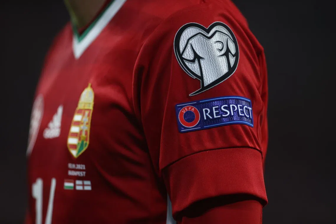 FILE PHOTO: Soccer Football - World Cup - UEFA Qualifiers - Group I - Hungary v England - Puskas Arena, Budapest, Hungary - September 2, 2021 General view of the UEFA Respect badge seen on the shirt of Hungary's Bendeguz Bolla during the match REUTERS/Carl Recine/File Photo