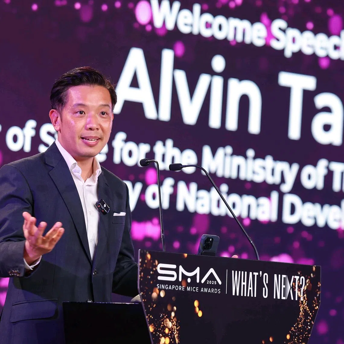 ST20250724_202553900785/armice24/Brian Teo/Anjali Raguraman/Minister of State for Trade and Industry and National Development Alvin Tan speaking during the MICE Awards Gala Dinner at Sands Expo & Convention Centre on July 24, 2025. ST PHOTO: BRIAN TEO