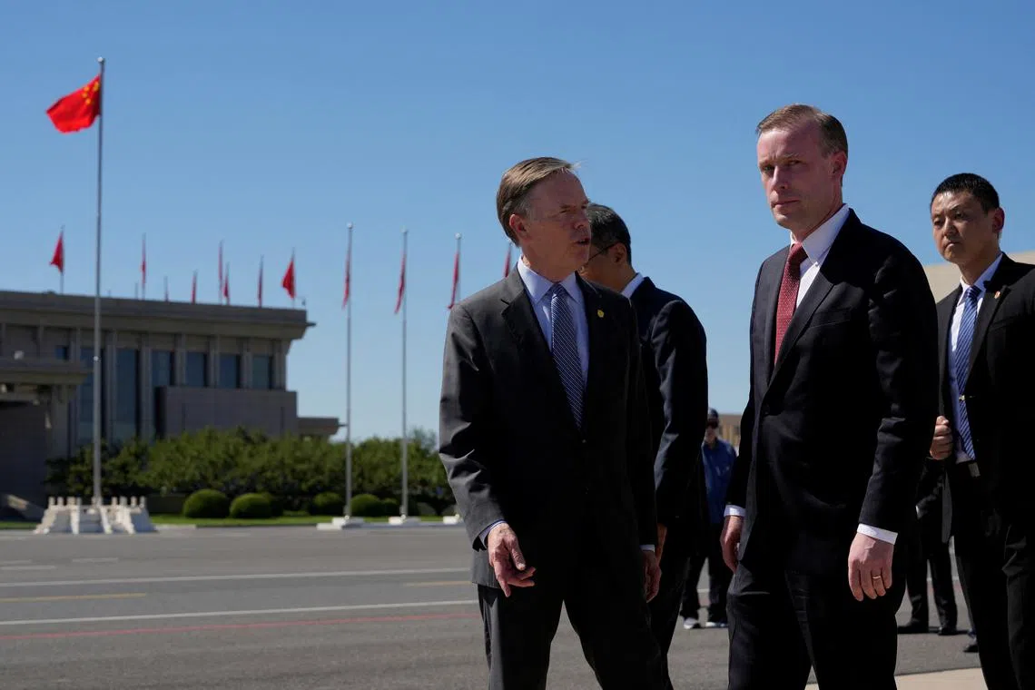 White House national security adviser Jake Sullivan walks near U.S. Ambassador to China Nicholas Burns upon arriving at the VIP terminal of the Beijing Capital International Airport in Beijing, China, Tuesday, Aug. 27, 2024. Ng Han Guan/Pool via REUTERS