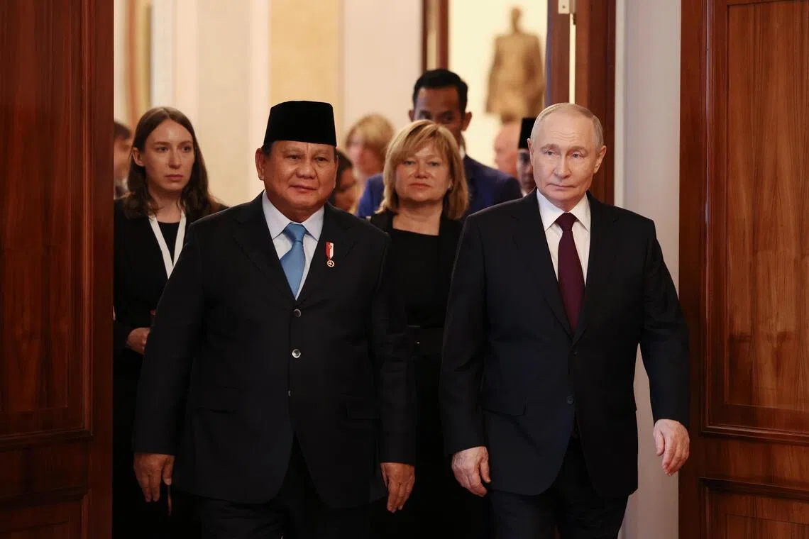 Indonesian President Prabowo Subianto and Russian President Vladimir Putin met at the Kremlin in Moscow on April 13.