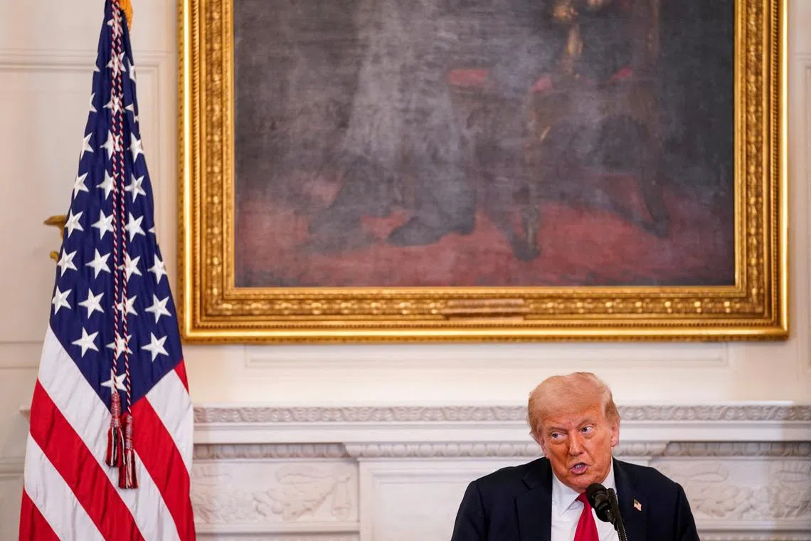 FILE PHOTO: U.S. President Donald Trump speaks during the White House Faith Office Luncheon at the White House in Washington, D.C., U.S., July 14, 2025. REUTERS/Nathan Howard/File photo