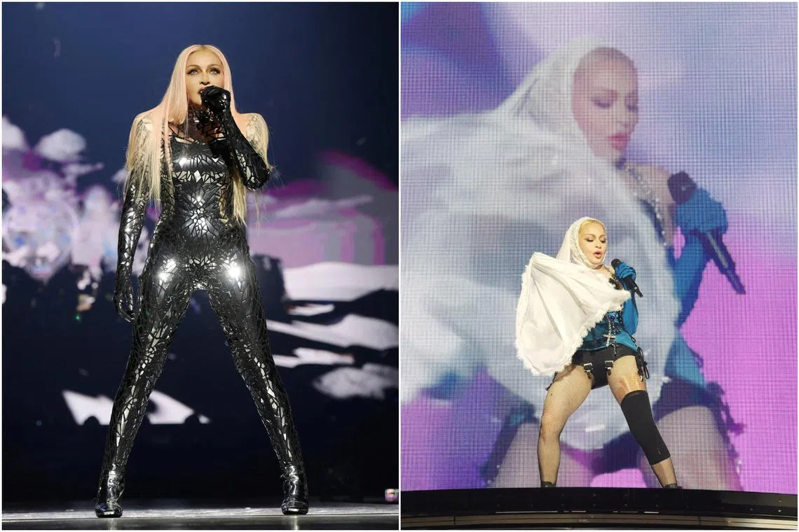 Madonna performs during the opening night of the Celebration Tour at The O2 Arena in London, on Oct 14.