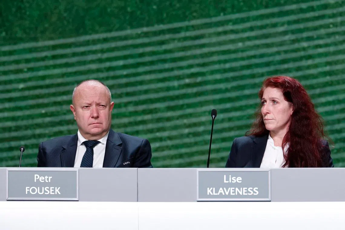 Soccer Football - 50th Ordinary UEFA Congress - Brussels Expo, Brussels, Belgium - February 12, 2026 UEFA Executive Committee member Petr Fousek and Norwegian Football Federation president Lise Klaveness during the event REUTERS/Benoit Tessier