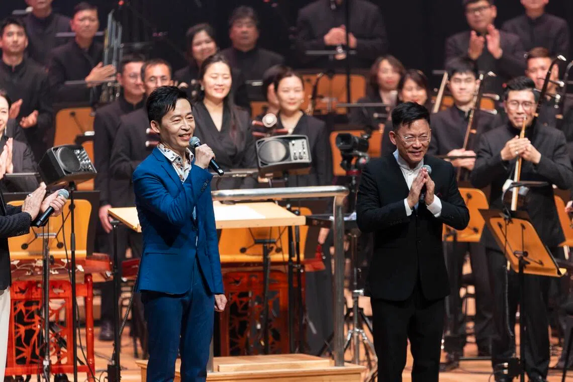 Since he was appointed principal conductor in 2023, Quek Ling Kiong (right) has been busy beefing up a new touring menu through commissions inspired by Singaporean cultural titans such as xinyao legend Liang Wern Fook (left).