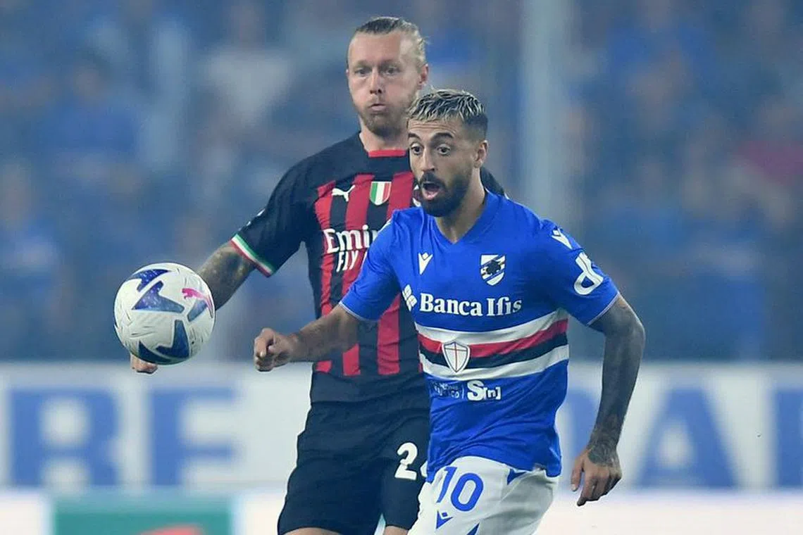 FILE PHOTO: Soccer Football - Serie A - Sampdoria v AC Milan - Stadio Comunale Luigi Ferraris, Genoa, Italy - September 10, 2022 AC Milan's Simon Kjaer in action with Sampdoria's Francesco Caputo REUTERS/Daniele Mascolo/File Photo