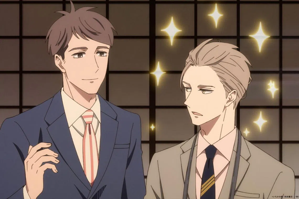 A still from the Japanese anime series My New Boss Is Goofy, about advertising agency employee Kentaro Momose (left) and his superior at work Yusei Shirosaki (right).