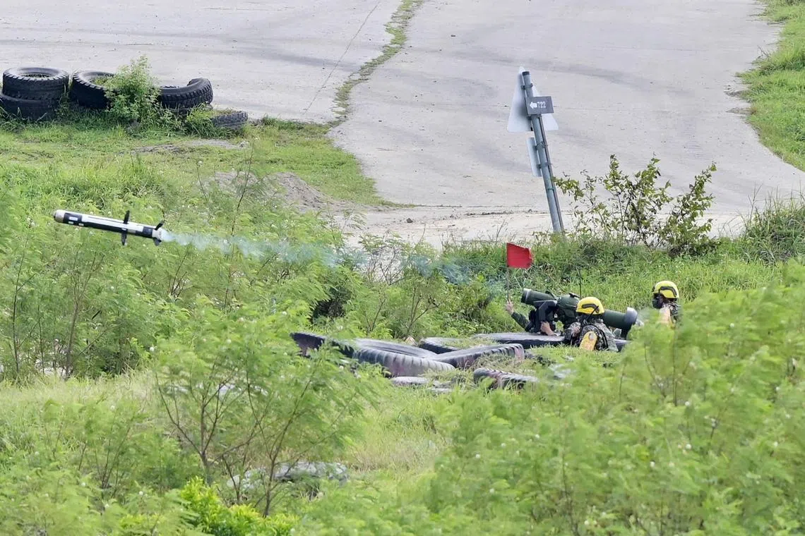 Taiwanese soldiers launch a Javelin anti-tank missile during a live-fire military exercise in Pingtung county, southern Taiwan, on Sept 7, 2022. 