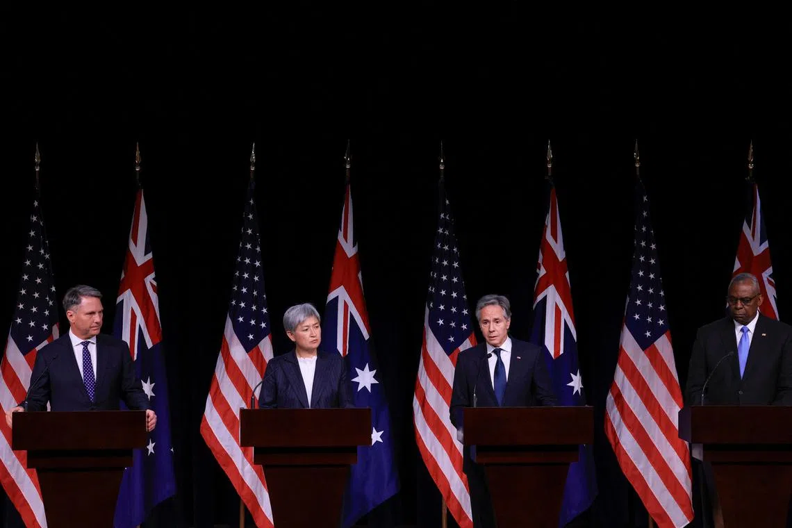 US Secretary of State Antony Blinken (second from right) and Defence Secretary Lloyd Austin (right) hold a joint press conference with Australian Foreign Minister Penny Wong (second from left), and Defence Minister Richard Marles (left) at the US Naval Academy in Annapolis, Maryland.