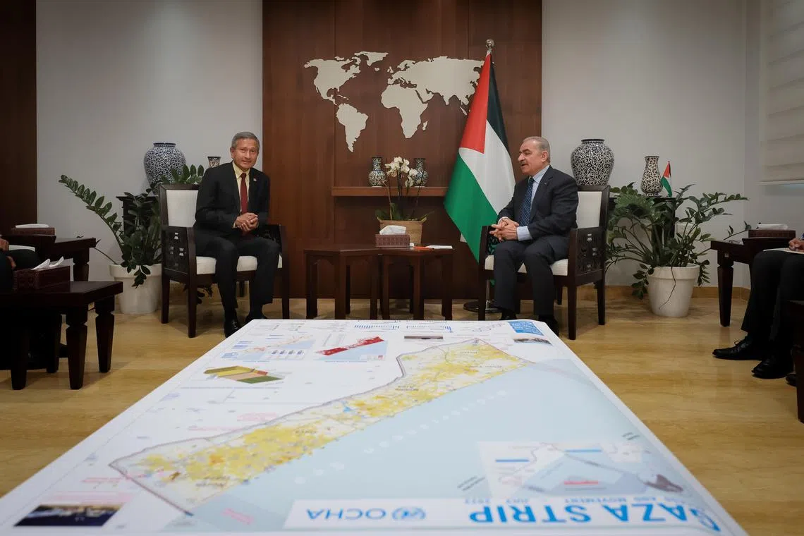 Singapore's Foreign Minister Vivian Balakrishnan meets with Palestinian Authority Prime Minister Mohammad Shtayyeh at the Palestinian Prime Minister’s Office in Ramallah, Palestinian Territories, March 18, 2024.