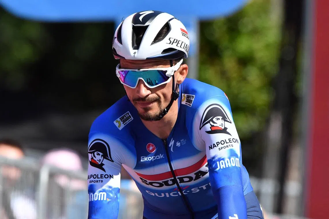 Cycling - Giro d'Italia - Stage 14 - Castiglione delle Stiviere to Desenzano del Garda - Italy - May 18, 2024 Soudal Quick-Step's Julian Alaphilippe reacts after stage 14 REUTERS/Jennifer Lorenzini/File Photo