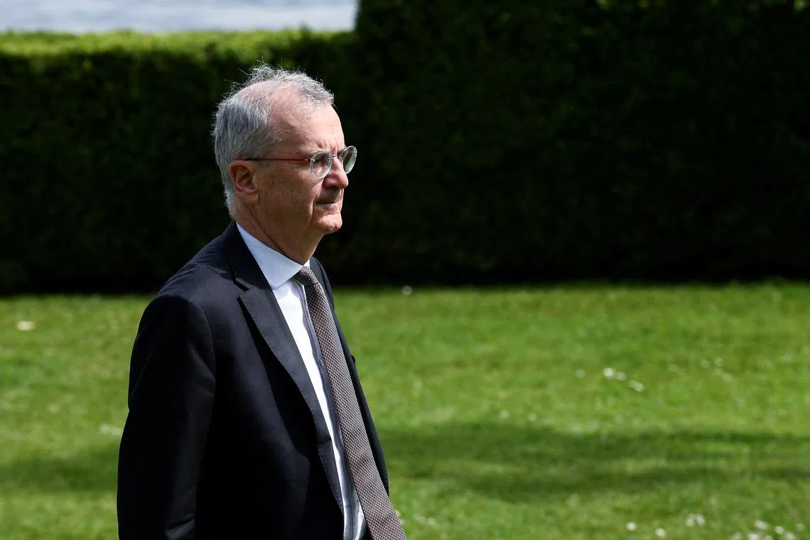 FILE PHOTO: Bank of France Governor Francois Villeroy de Galhau walks on the final day of the G7 Finance Ministers and Central Bank Governors' Meeting in Stresa, Italy May 25, 2024. REUTERS/Massimo Pinca/File Photo