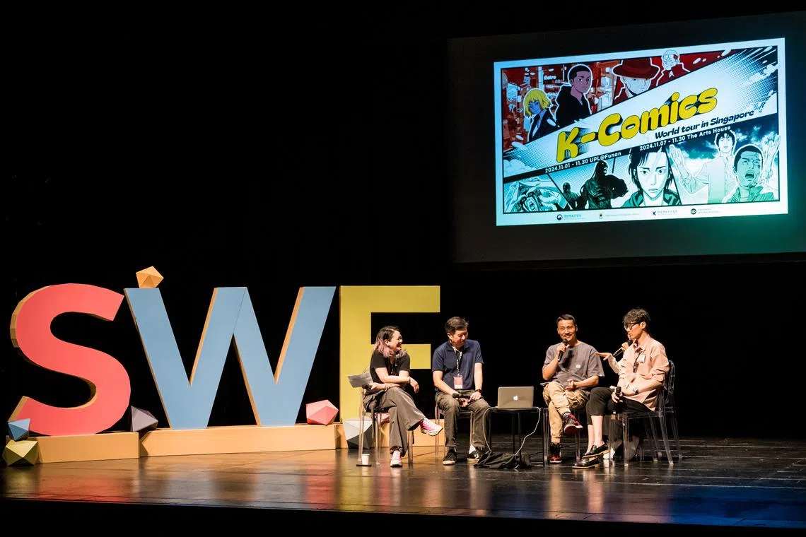 (From left) Moderator Felicia Low-Jimenez, panellists Dave Chua, Choi Gyu-seok and Kwang Jin discuss the journey from comics to the big screen at Victoria Theatre.