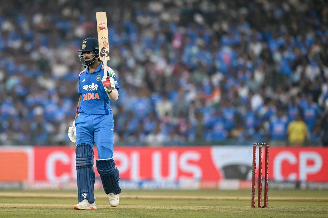 India's captain K.L. Rahul celebrates after scoring a half-century in the second ODI against South Africa at the Shaheed Veer Narayan Singh International Cricket Stadium in Raipur on Dec 3, 2025.