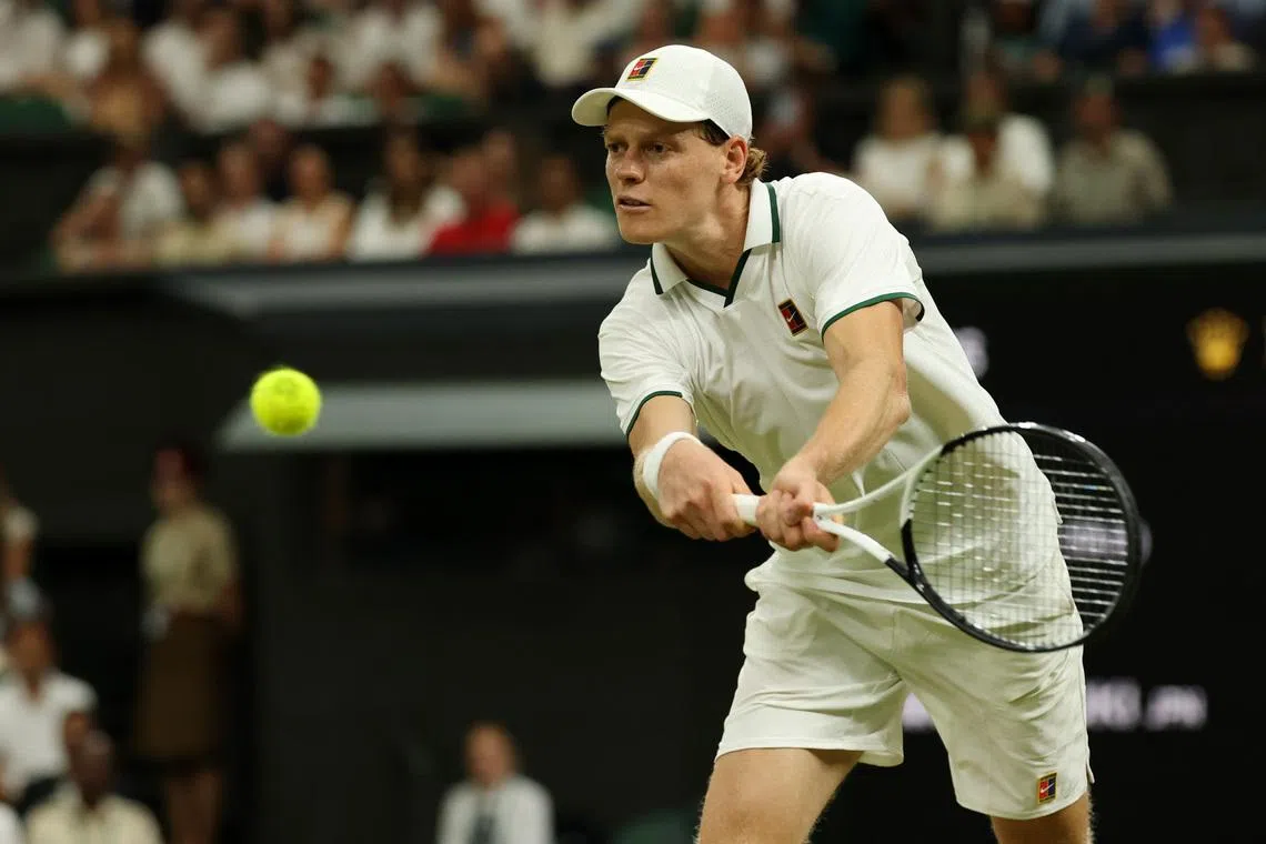 Jul 5, 2026; London, United Kingdom; Jannik Sinner (ITA) hits a backhand against Shintaro Mochizuki (JPN) (not pictured) on day seven of The Championships Wimbledon 2026 at All England Lawn Tennis and Croquet Club. Mandatory Credit: Geoff Burke-Imagn Images
