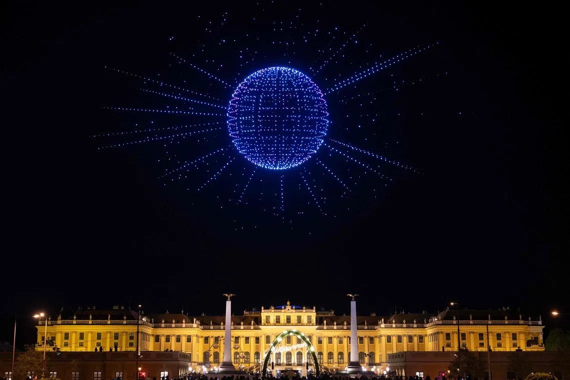 A graphic is formed using 3000 drones over Schonbrunn Palace during a drone show to mark the opening of Eurovision 2026 Song Contest in Vienna, on April 27, 2026.