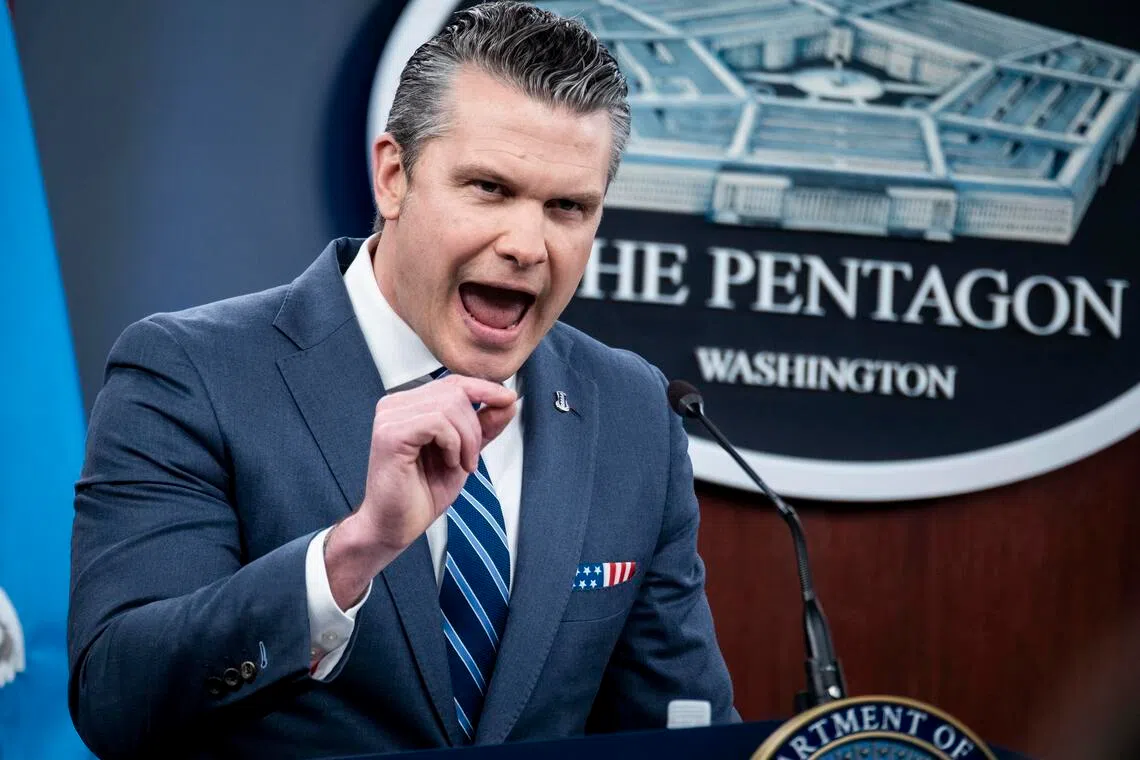 US Secretary of Defence Pete Hegseth delivering a press briefing on the US-Israel war on Iran at the Pentagon on April 16.
