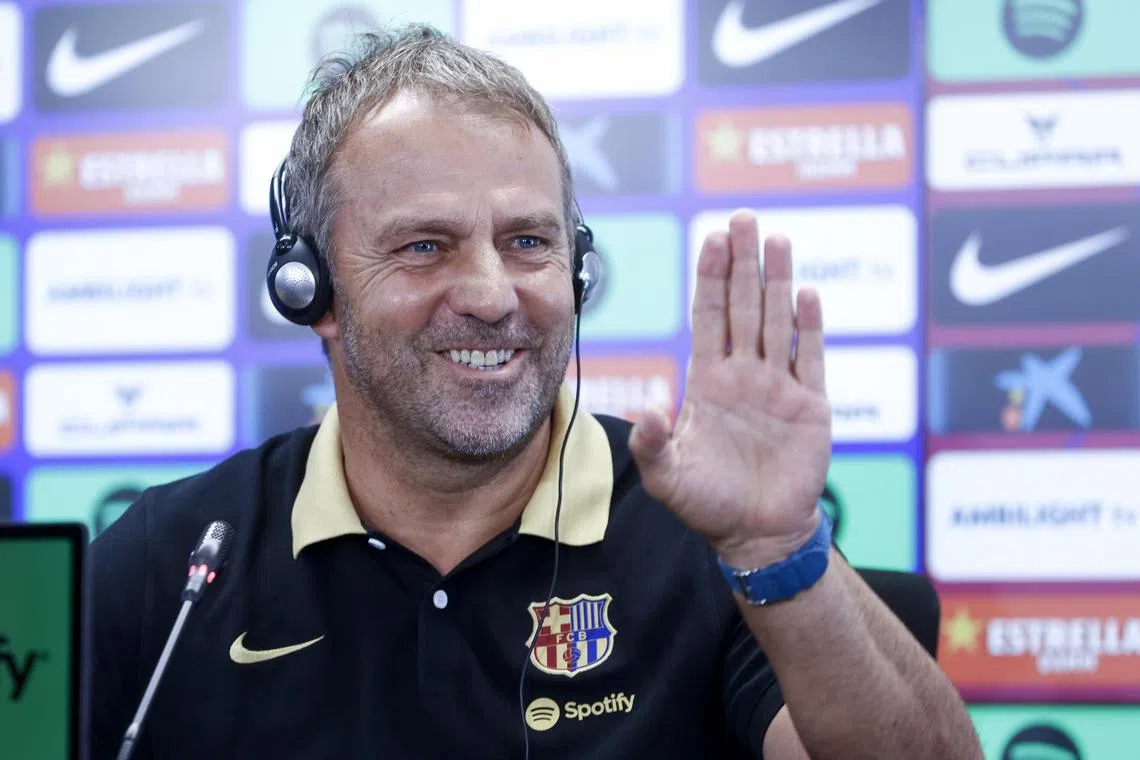 Barcelona's German head coach Hansi Flick at a press conference on Aug 16, 2024 ahead of his team's opening La Liga game at Valencia.