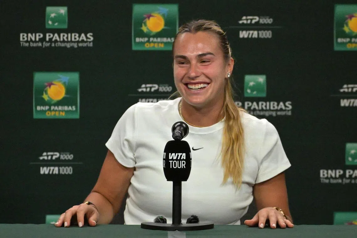 FILE PHOTO: Mar 3, 2026; Indian Wells, CA, USA;  Aryna Sabalenka (BEL) speaks to the media at a news conference during the BNP Paribas Open at the Indian Wells Tennis Garden. Mandatory Credit: Jayne Kamin-Oncea-Imagn Images/ File Photo