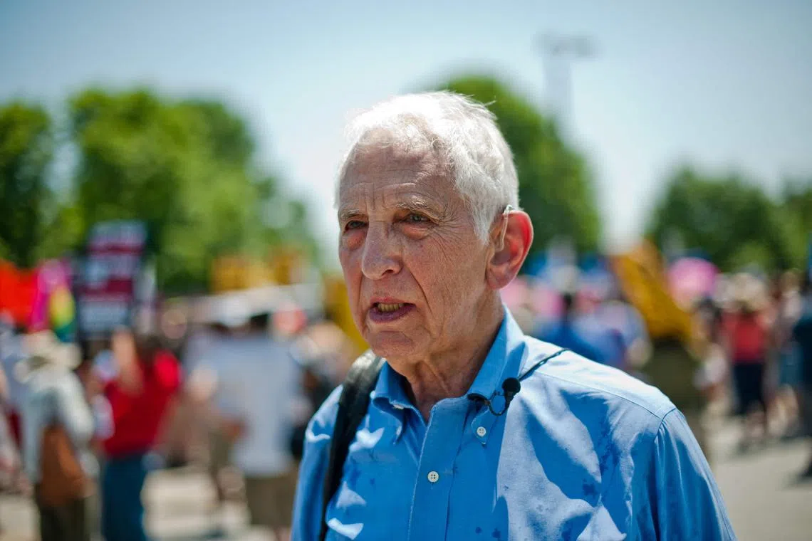 (FILES) Daniel Ellsberg attends on June 1, 2013, a demonstration in support of Wikileaks whistleblower US Army Private Bradley Manning at Fort Meade in Maryland. Ellsberg, the whistleblower who leaked the "Pentagon Papers" about the Vietnam War, died on June 16, 2023, his family announced. He was 92. "His cause of death was pancreatic cancer, which was diagnosed on February 17. He was not in pain, and was surrounded by loving family," his wife and children said in a statement. (Photo by NICHOLAS KAMM / AFP)