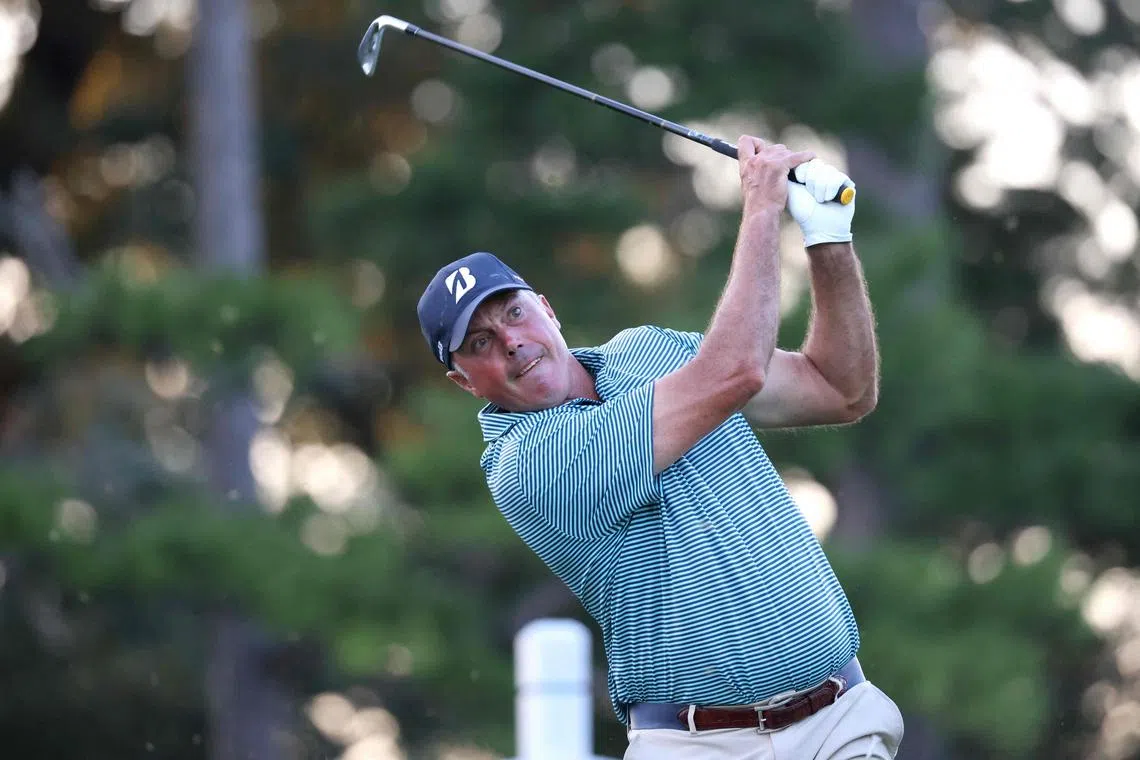 American Matt Kuchar plays his shot from the 16th tee in the final round of the Wyndham Championship at Sedgefield Country Club on Aug 11, 2024 in Greensboro, North Carolina.