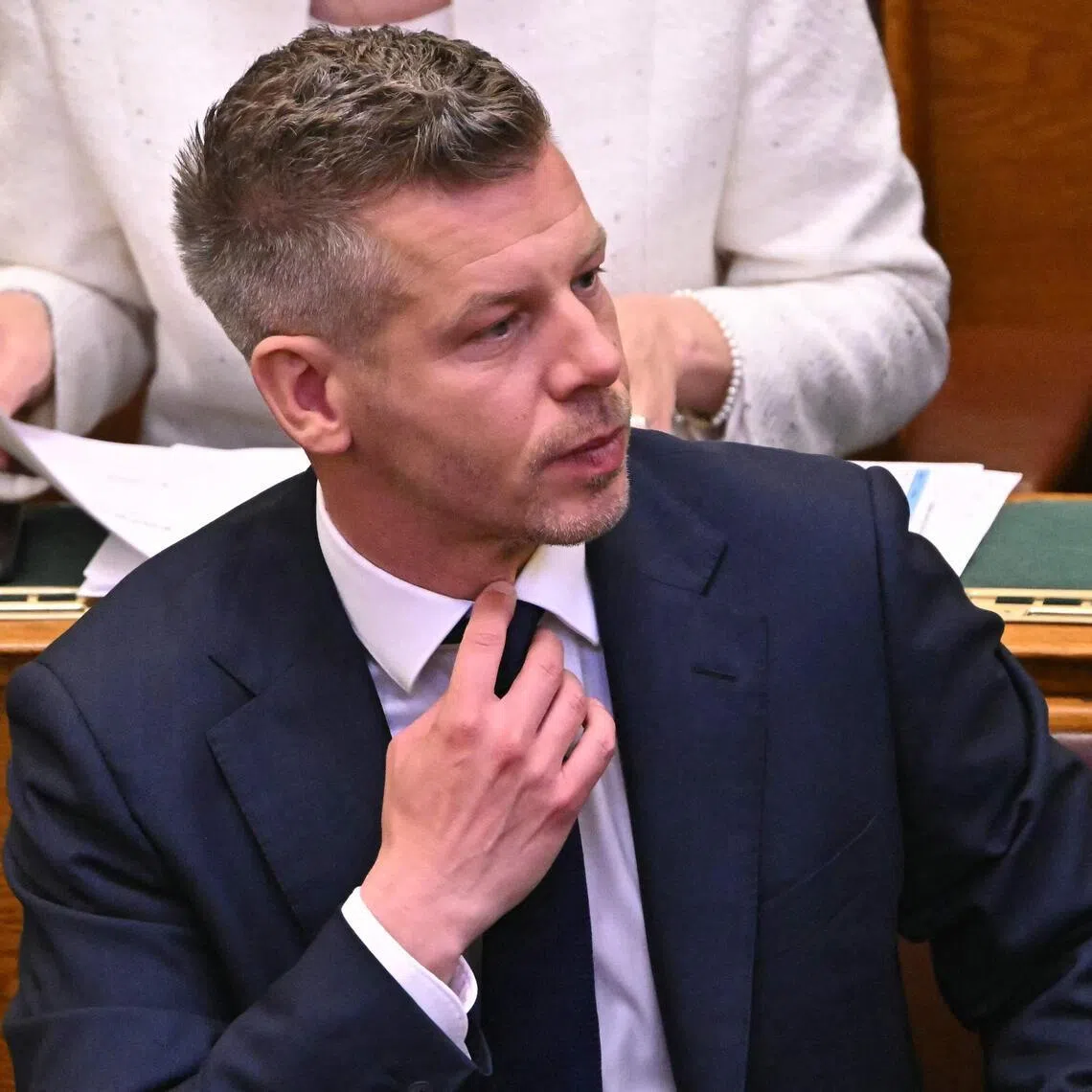 Hungary's incoming Prime Minister Peter Magyar reacts during the ceremonial swearing in of representatives in Budapest on May 9. 