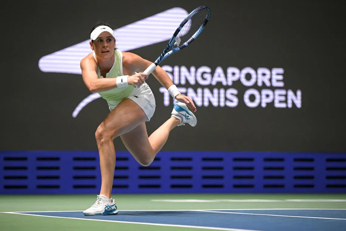 Kimberly Birrell of Australia on action against Hailey Baptiste of the USA during Day 4 of the Singapore Tennis Open held at Kallang Tennis Hub on Jan 30, 2025.