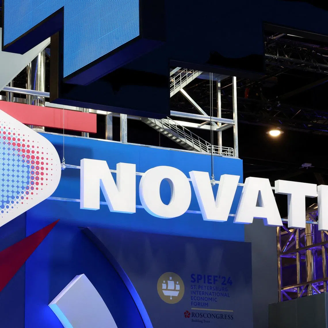 A view shows a board with the logo of Russian natural gas producer Novatek at the St. Petersburg International Economic Forum (SPIEF) in Saint Petersburg, Russia June 5, 2024. REUTERS/Anton Vaganov