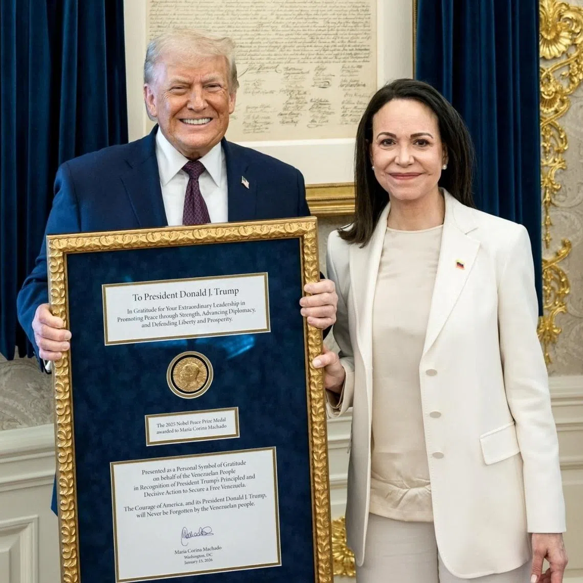 Venezuelan opposition leader Maria Corina Machado presented US President Donald Trump with her Nobel Peace Prize medal in the Oval Office, on Jan 15.