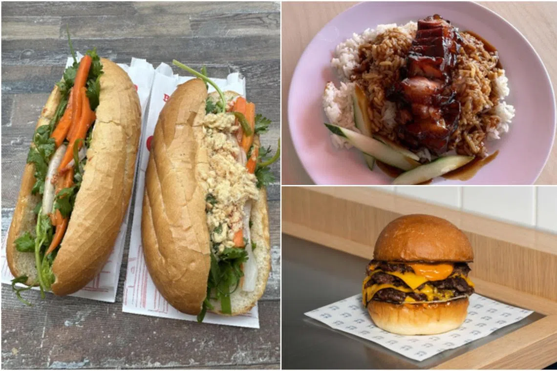 (Clockwise from left) Thit Nuong banh mi and Truyen Thong banh mi from Banh Mi 29, char siew rice from Hao You Ji Charcoal Roasted and the Honbo 1.5 burger.