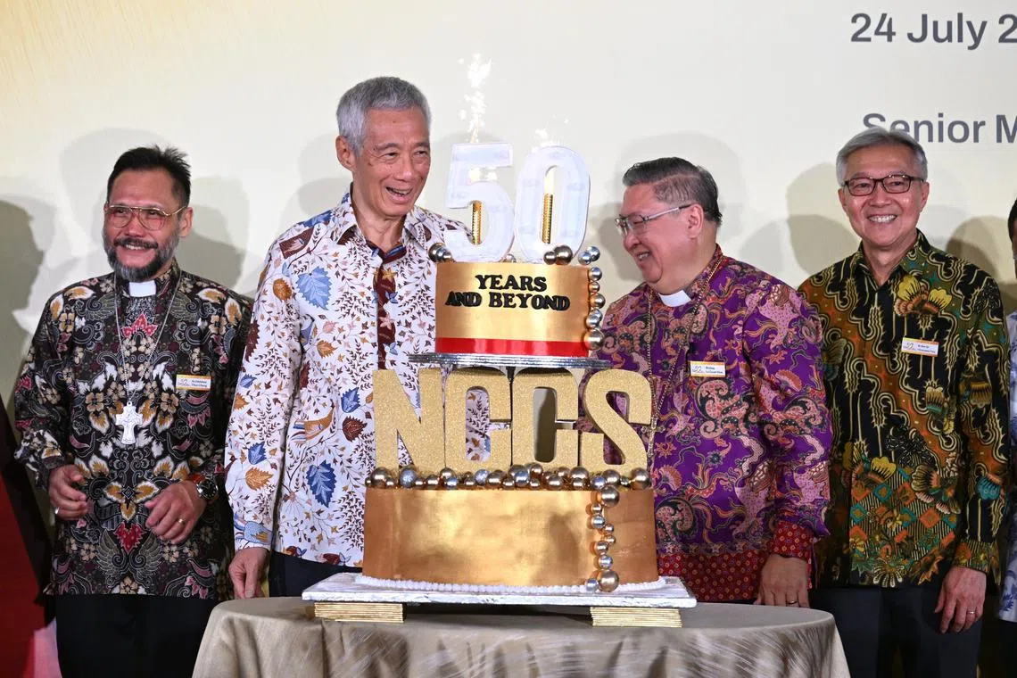 (From left) Archbishop Dr Titus Chung, SM Lee Hsien Loong, NCCS president Lu Guan Hoe and Rt Rev Dr Christopher Chia at the NCCS 50th anniversary dinner on July 24.