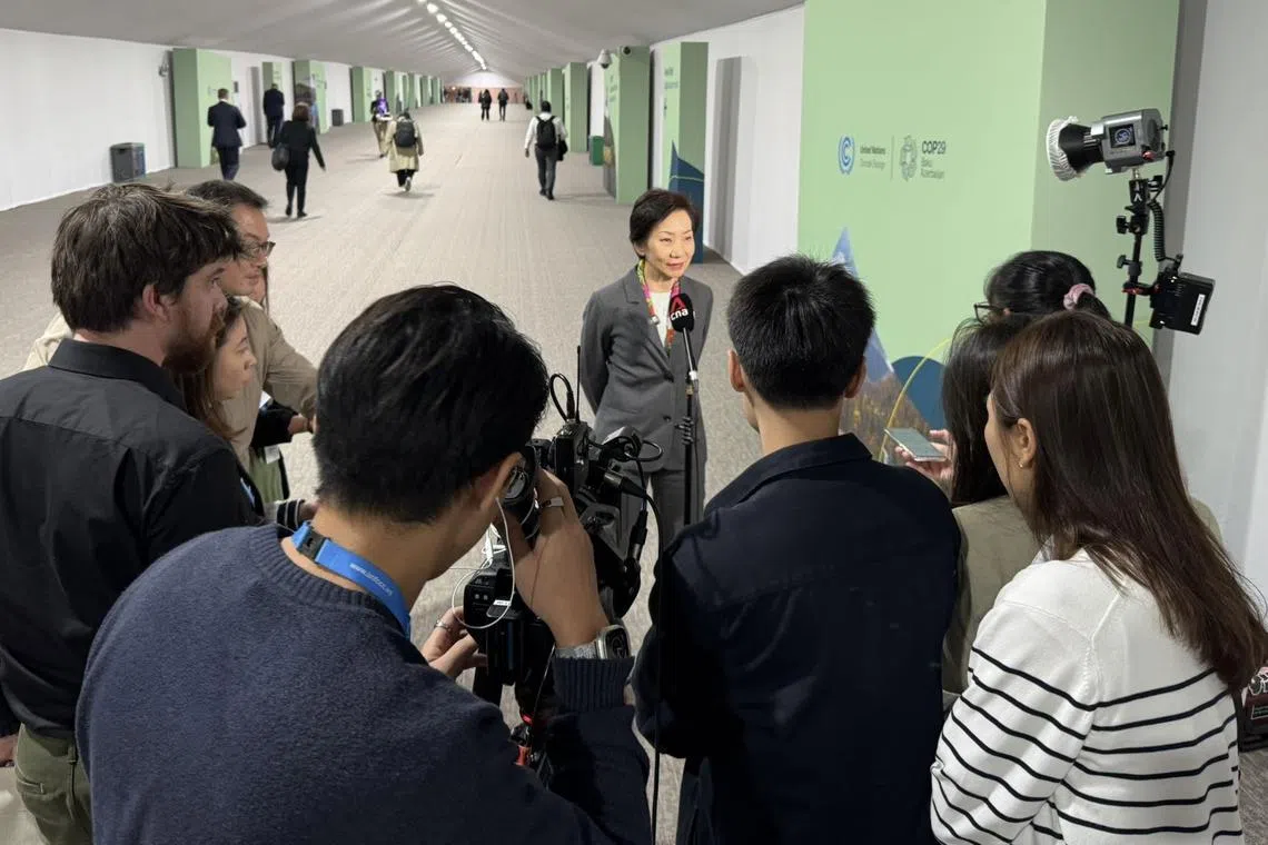 Minister Grace Fu addressing the media on Nov 20 at the UN climate change conference (COP29) in Azerbaijan. 