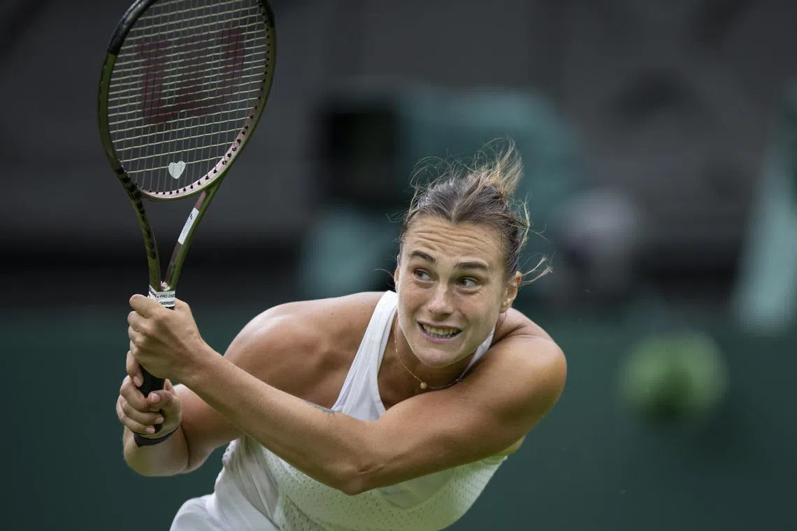 Belarus' Aryna Sabalenka in action during a training session ahead of the Wimbledon tennis tournament.