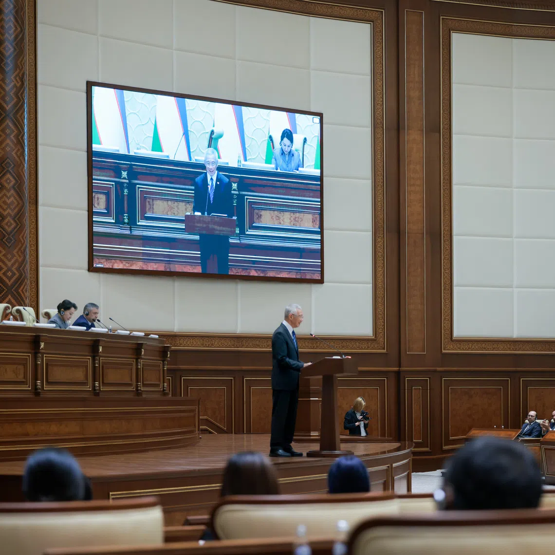 Senior Minister Lee Hsien Loong speaks at the Senate of the Oliy Majlis of Uzbekistan, the upper house of the country’s parliament, in Tashkent on Aug 31.