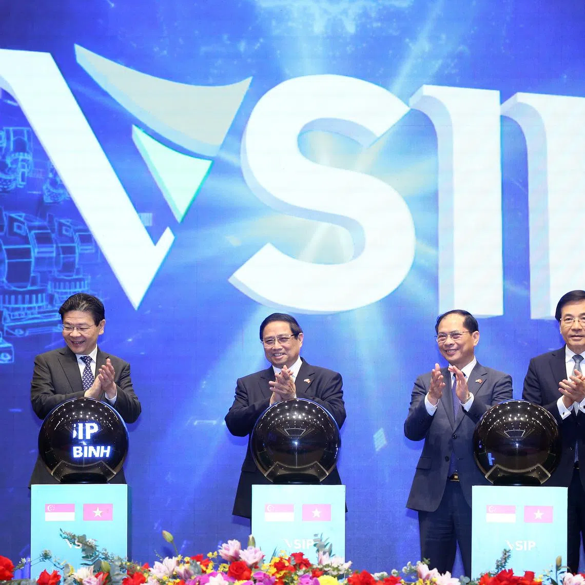 PM Lawrence Wong (second from left) and his Vietnamese counterpart, Mr Phan Minh Chinh, at the groundbreaking ceremony for the Vietnam-Singapore Industrial Park in Thai Binh province. Also present is Foreign Minister Vivian Balakrishnan (left).