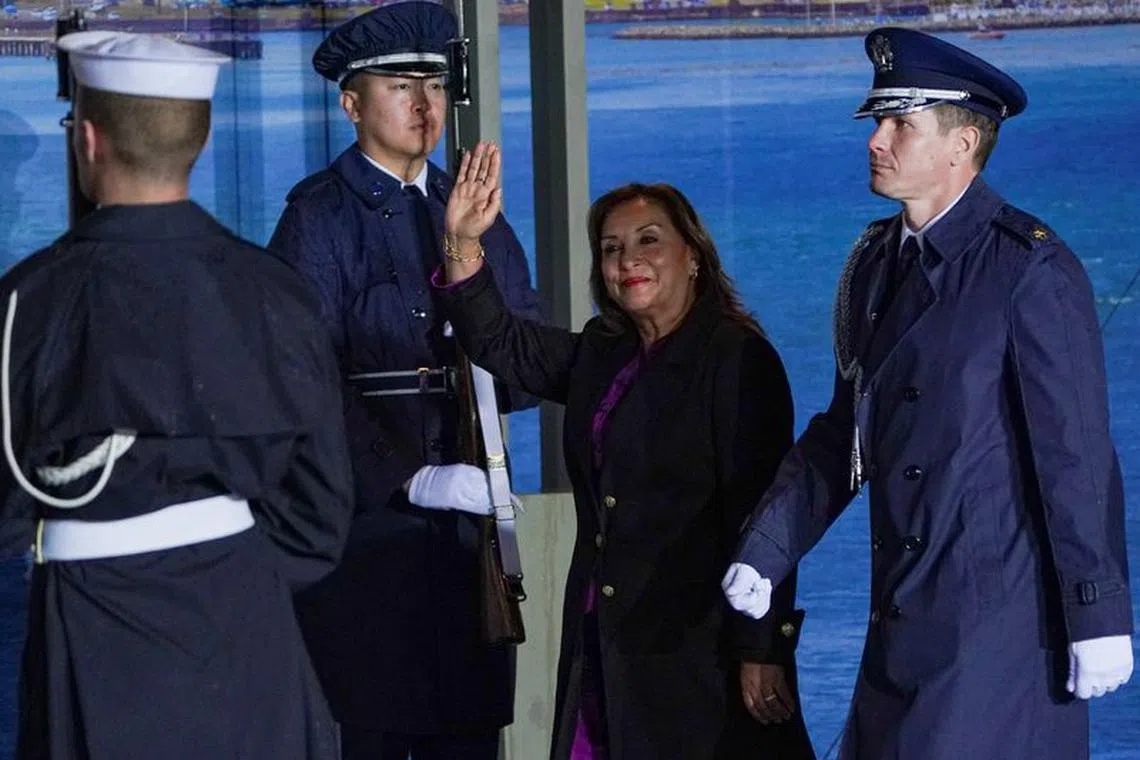 Peru's President Dina Boluarte walks to attend a welcome reception for Asia-Pacific Economic Cooperation (APEC) leaders in San Francisco, California, U.S., November 15, 2023. REUTERS/Loren Elliott