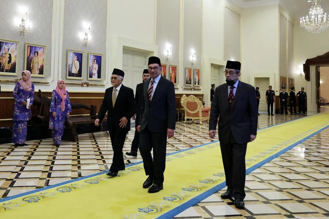Malaysian PM Anwar Ibrahim (second from right) at the Istana Negara in Kuala Lumpur on Wednesday.