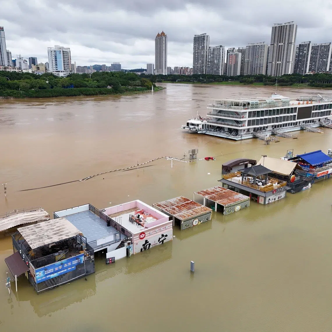 A riverside park inundated by the surging flood brought by Typhoon Maysak in Nanning in southern China’s Guangxi Zhuang Autonomous Region, on July 7.