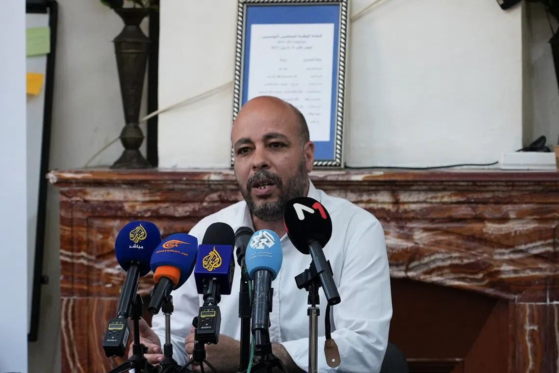 Romdhane Ben Amor of the Tunisian Forum for Economic and Social Rights, an independent advocacy group attends a press conference in Tunis, Tunisia May 9, 2025. REUTERS/Stringer