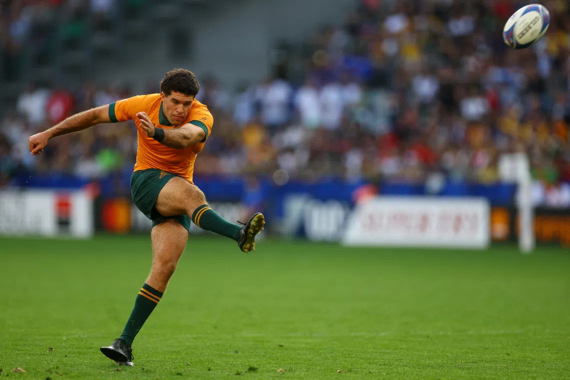 FILE PHOTO: Rugby Union - Rugby World Cup 2023 - Pool C - Australia v Portugal - Stade Geoffroy-Guichard, Saint-Etienne, France - October 1, 2023  Australia's Ben Donaldson scores a penalty REUTERS/Paul Childs/ File Photo