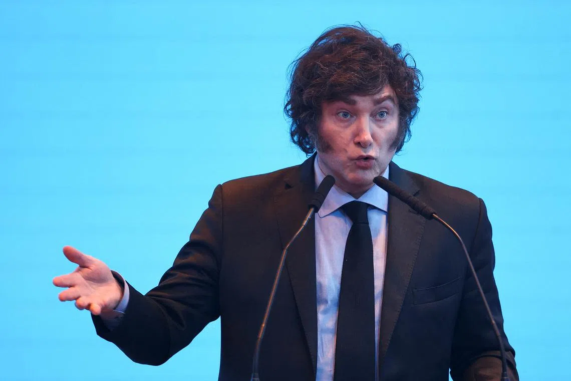 FILE PHOTO: Argentina's President Javier Milei speaks during a business event in Buenos Aires, Argentina, March 26, 2024. REUTERS/Agustin Marcarian/File Photo